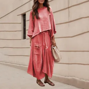 2 Piece Skirt Sets for Women Casual 3/4 Sleeve Tops Maxi Skirt Set Spring Summer Solid Color Loose Flowy Matching Set
