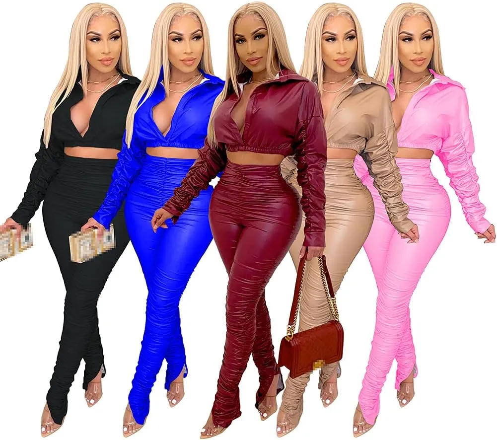 acelyn Women Sexy Faux Leather Two Pieces Outfits - Deep V Neck Long Sleeve Crop Jacket   High Waist Leather Legging Set