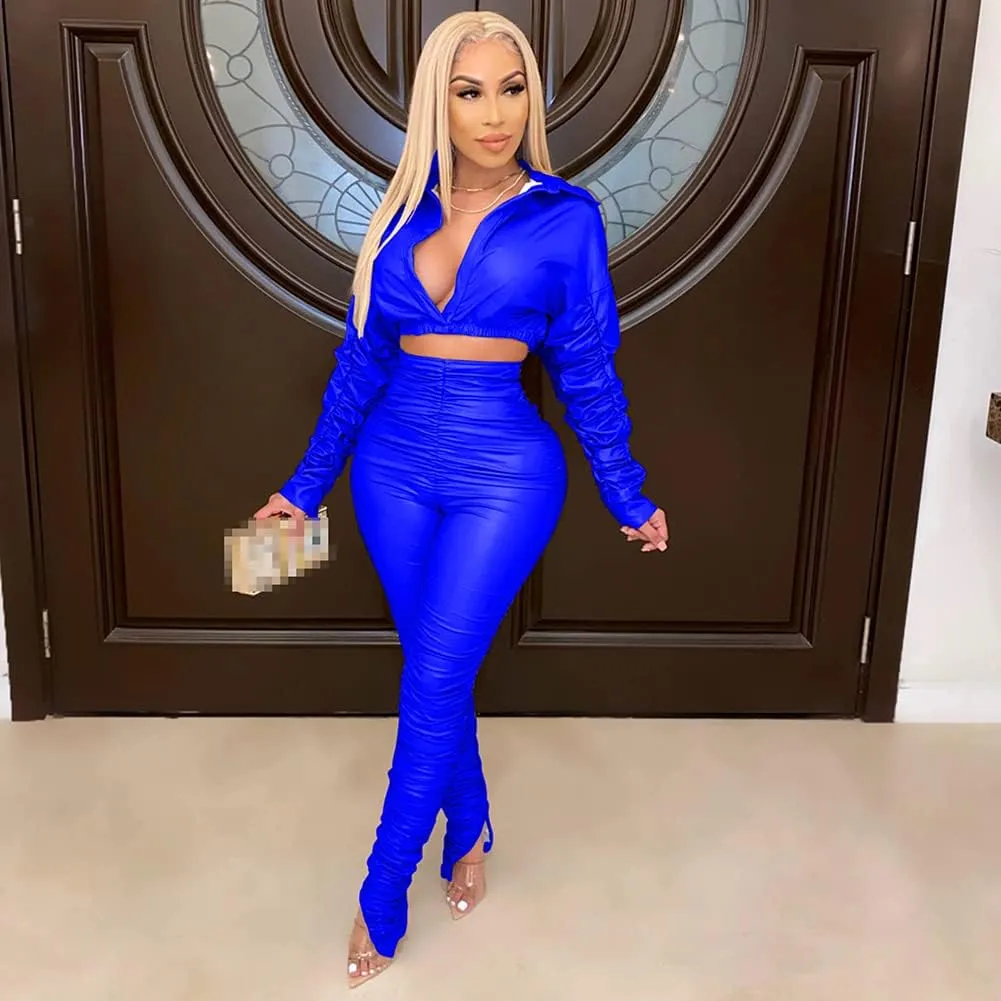 acelyn Women Sexy Faux Leather Two Pieces Outfits - Deep V Neck Long Sleeve Crop Jacket   High Waist Leather Legging Set