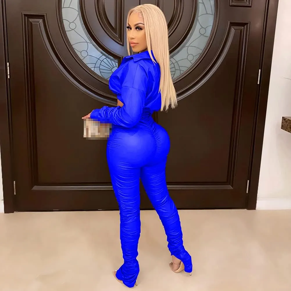 acelyn Women Sexy Faux Leather Two Pieces Outfits - Deep V Neck Long Sleeve Crop Jacket   High Waist Leather Legging Set