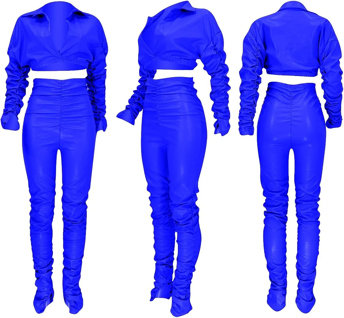 acelyn Women Sexy Faux Leather Two Pieces Outfits - Deep V Neck Long Sleeve Crop Jacket   High Waist Leather Legging Set