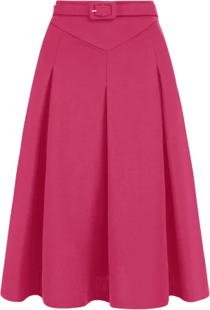 Allegra K Women's Office Work Skirts Belted Waist Midi A-Line Pleated Skirt
