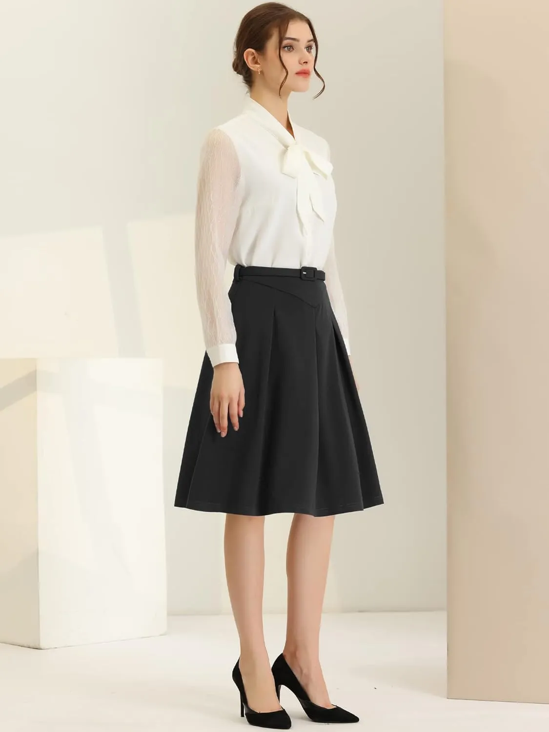 Allegra K Women's Office Work Skirts Belted Waist Midi A-Line Pleated Skirt