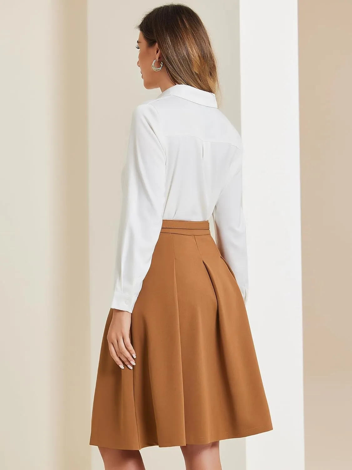 Allegra K Women's Office Work Skirts Belted Waist Midi A-Line Pleated Skirt