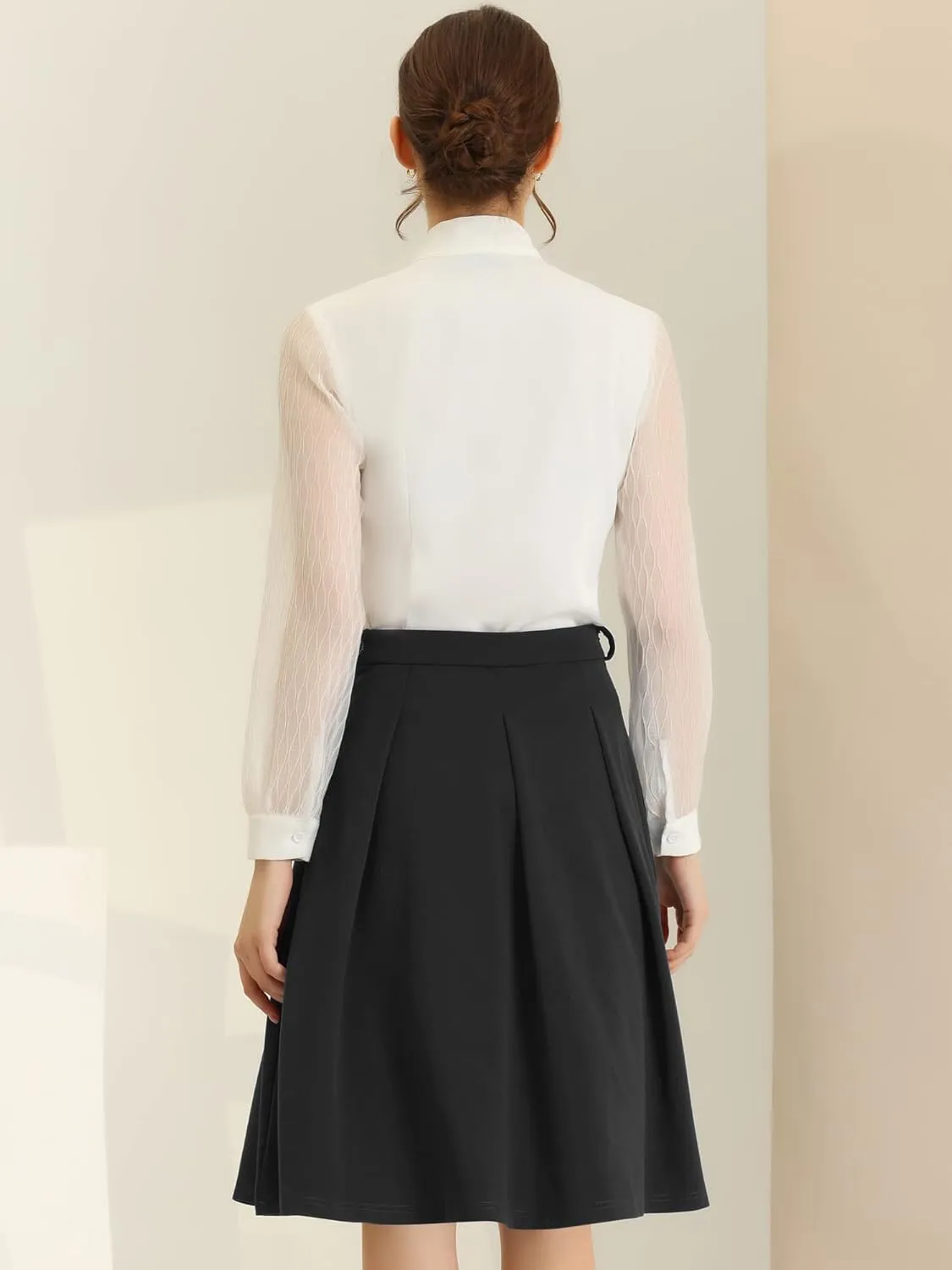Allegra K Women's Office Work Skirts Belted Waist Midi A-Line Pleated Skirt