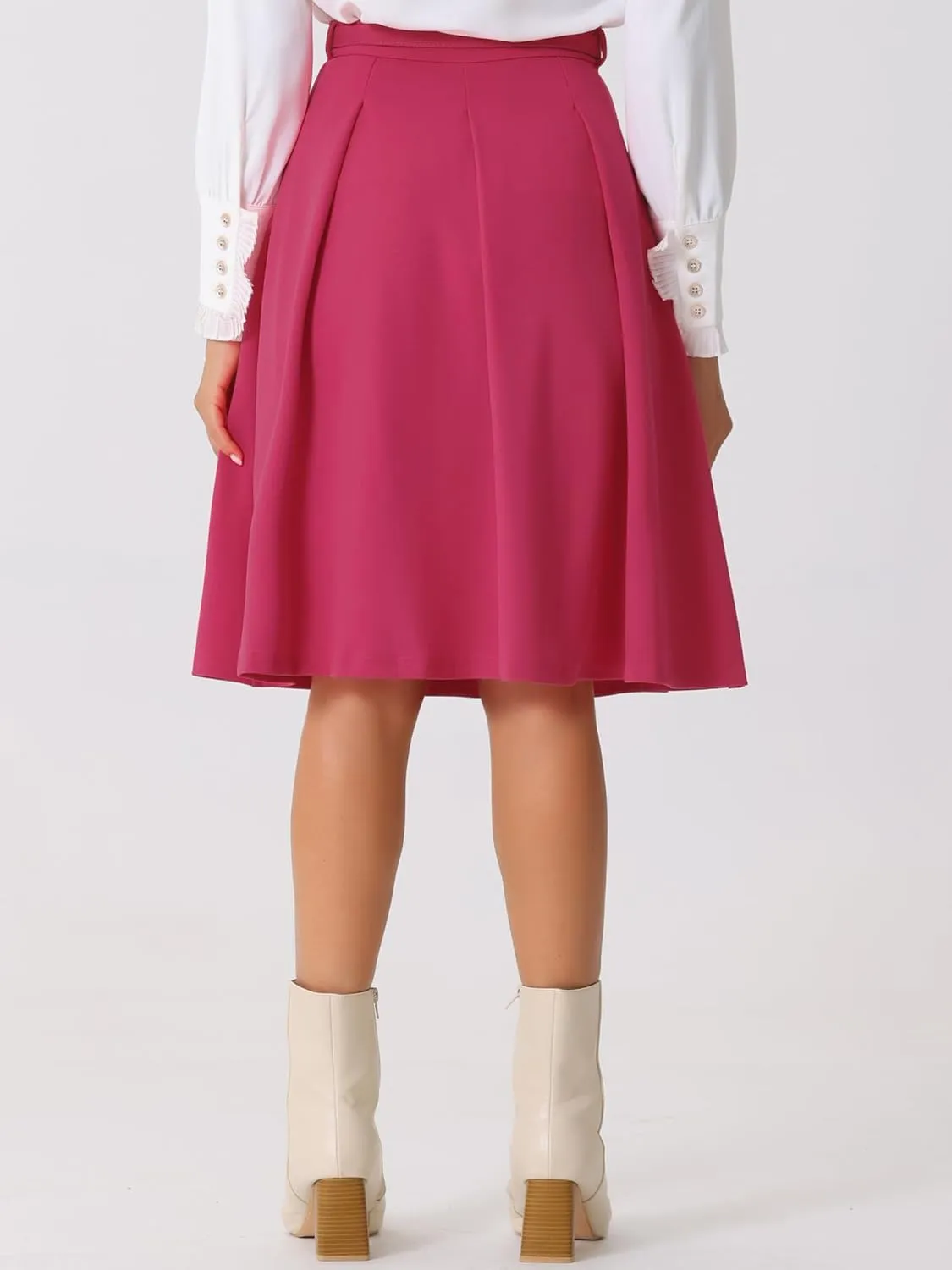 Allegra K Women's Office Work Skirts Belted Waist Midi A-Line Pleated Skirt