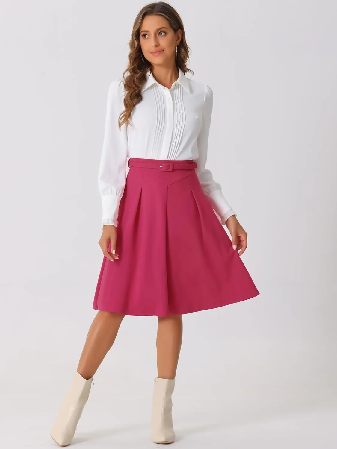 Allegra K Women's Office Work Skirts Belted Waist Midi A-Line Pleated Skirt
