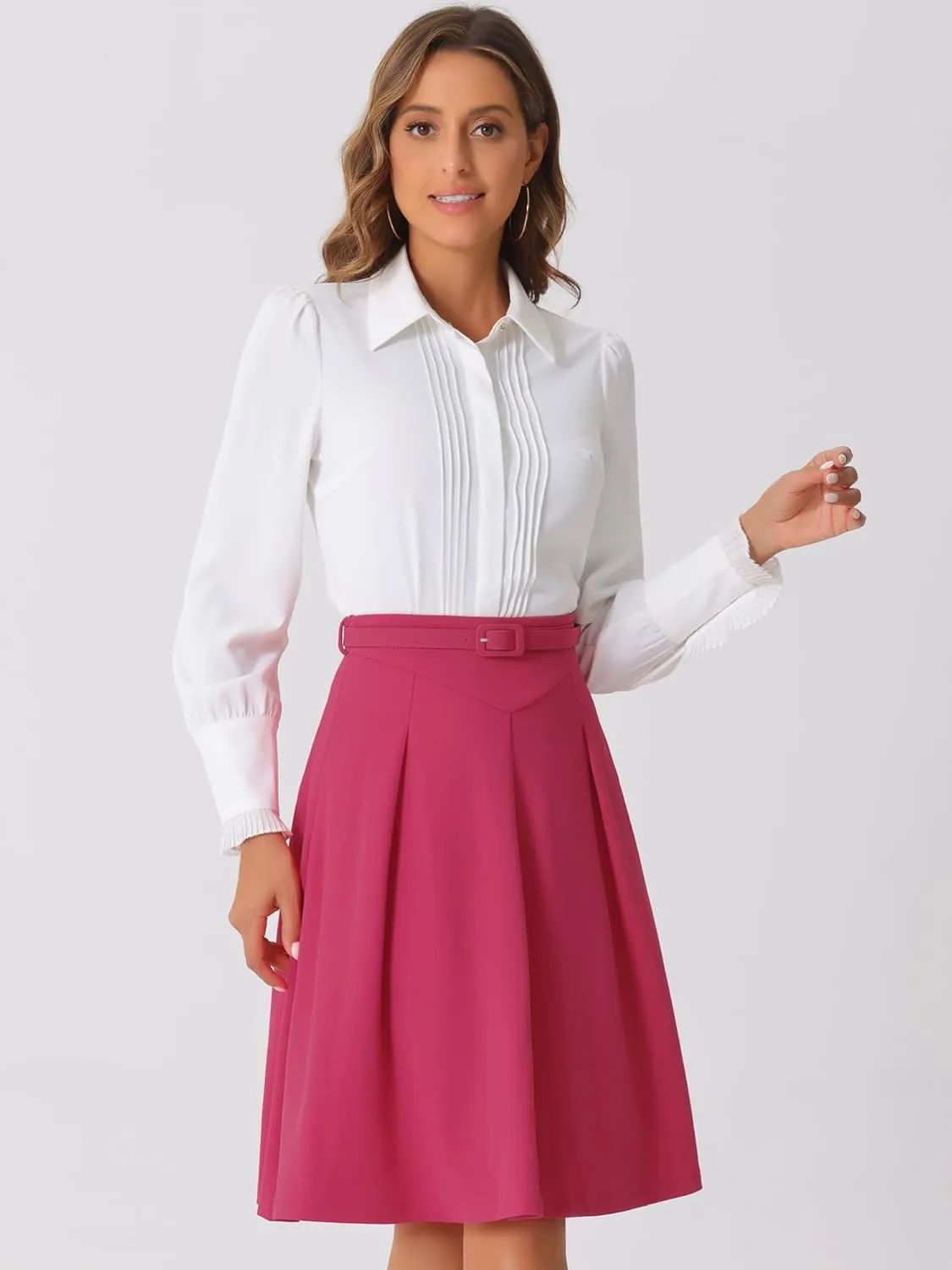 Allegra K Women's Office Work Skirts Belted Waist Midi A-Line Pleated Skirt