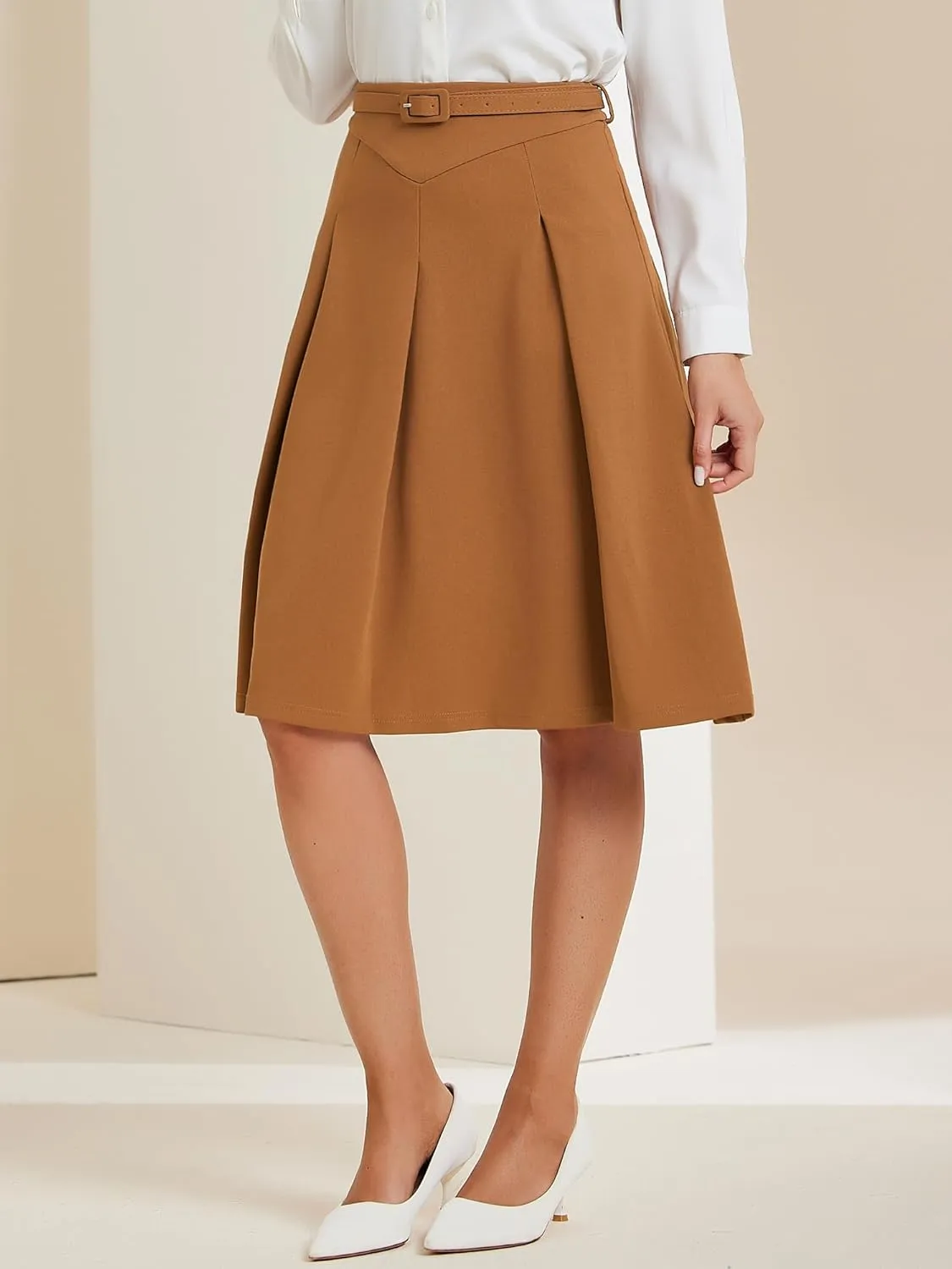 Allegra K Women's Office Work Skirts Belted Waist Midi A-Line Pleated Skirt