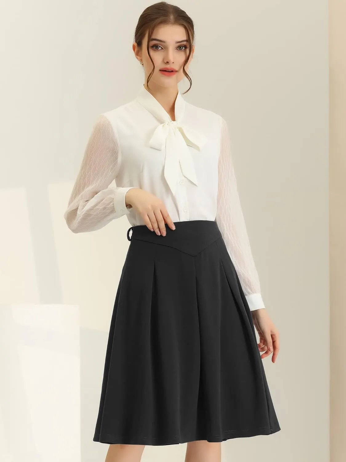 Allegra K Women's Office Work Skirts Belted Waist Midi A-Line Pleated Skirt