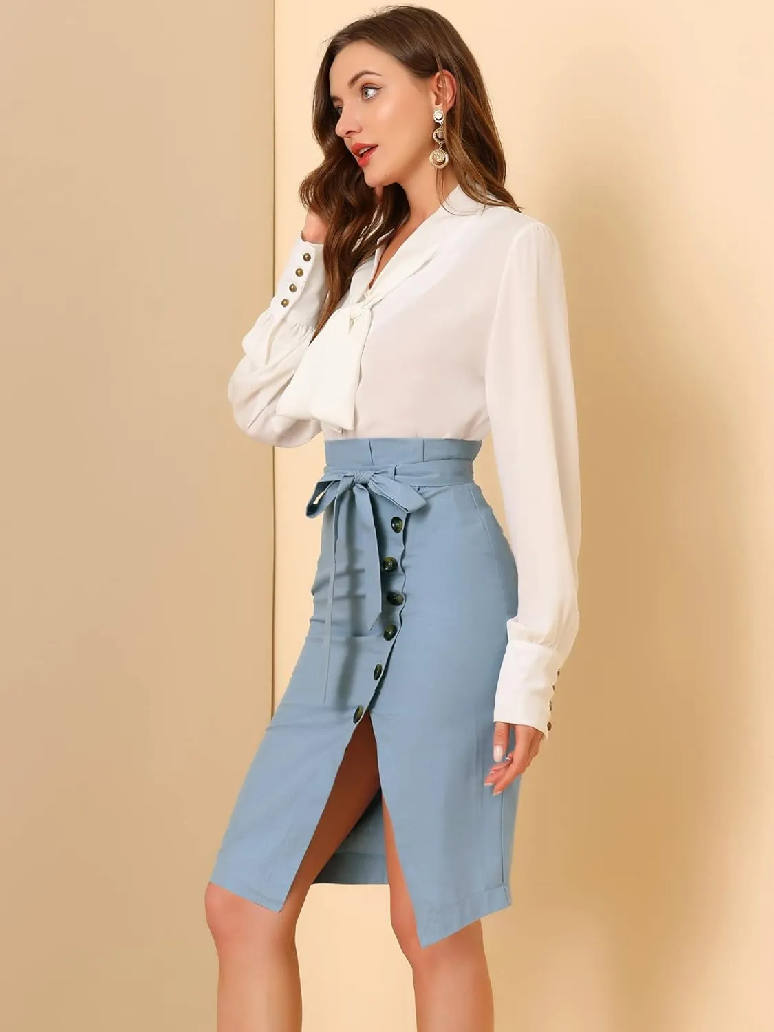 Allegra K Women's Pencil Skirt High Waisted Slit Button Decor Belted Work Skirts