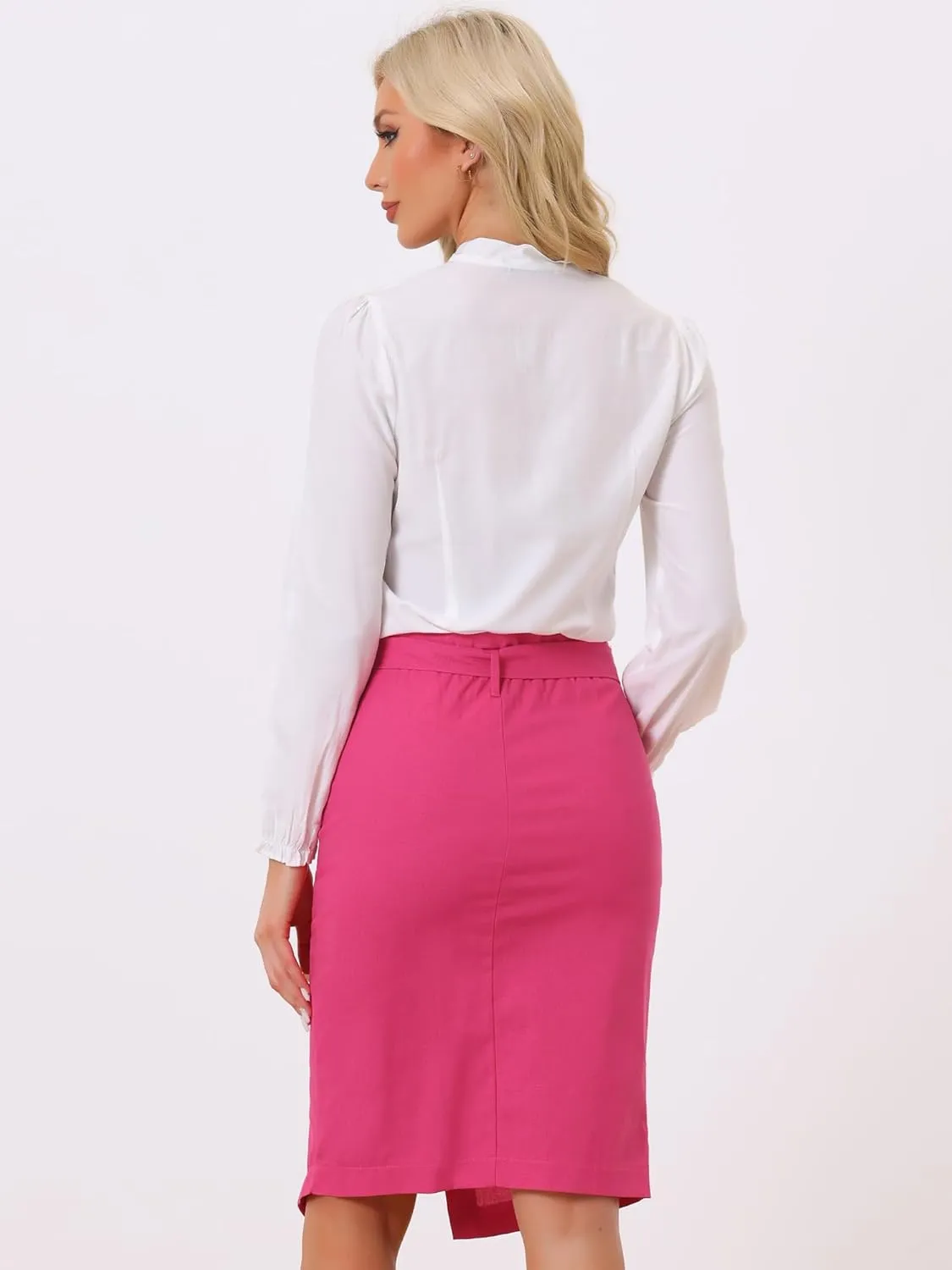 Allegra K Women's Pencil Skirt High Waisted Slit Button Decor Belted Work Skirts