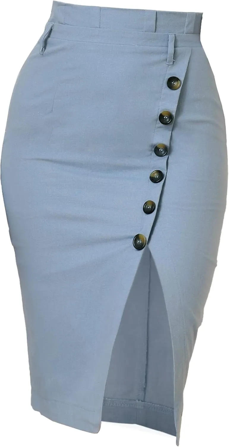 Allegra K Women's Pencil Skirt High Waisted Slit Button Decor Belted Work Skirts