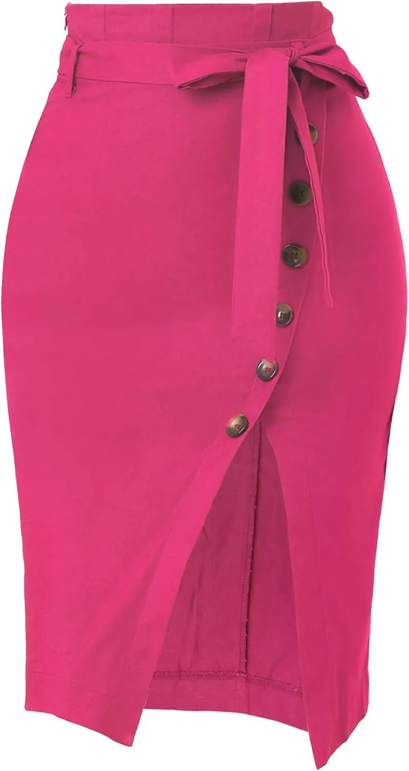 Allegra K Women's Pencil Skirt High Waisted Slit Button Decor Belted Work Skirts