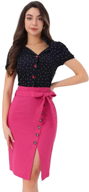 Allegra K Women's Pencil Skirt High Waisted Slit Button Decor Belted Work Skirts