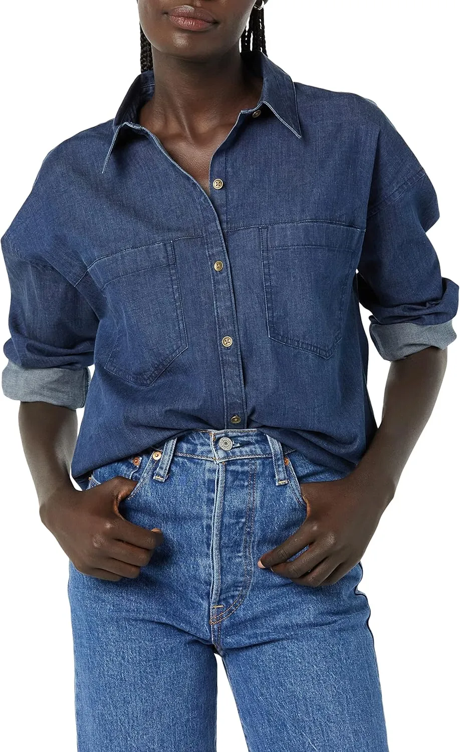 Amazon Essentials Women's Denim Oversize Two-Pocket Tunic Shirt (Previously Goodthreads)