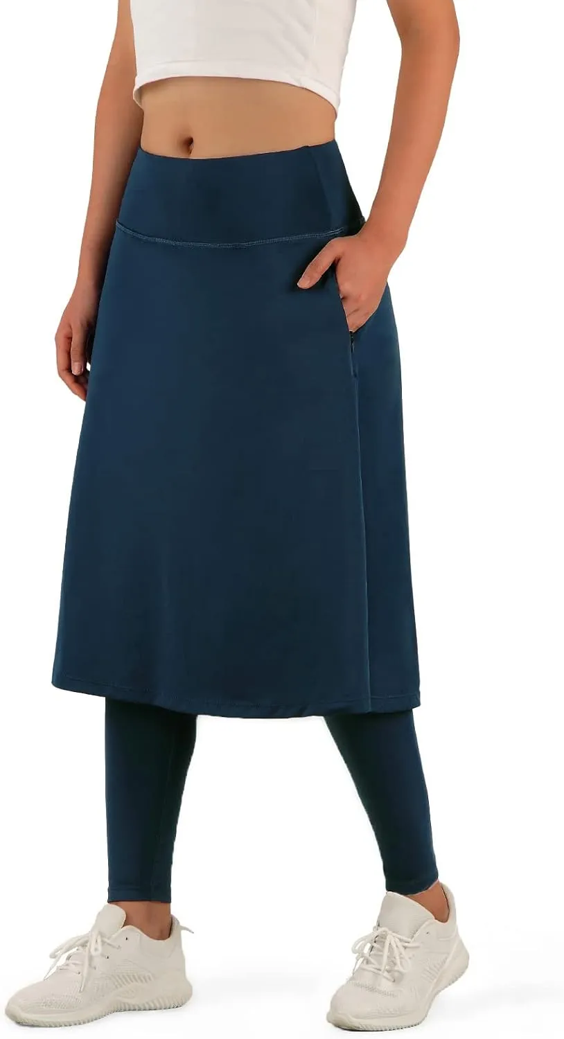 ANIVIVO Women Long Knee Length Skirt with Full Leggings,Skirted Leggings with High Waisted Pockets