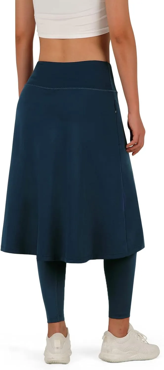 ANIVIVO Women Long Knee Length Skirt with Full Leggings,Skirted Leggings with High Waisted Pockets