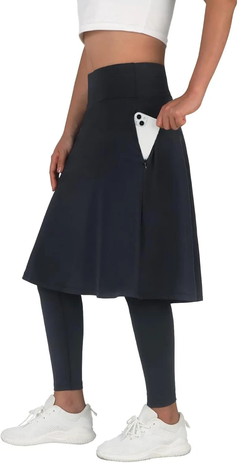 ANIVIVO Women Long Knee Length Skirt with Full Leggings,Skirted Leggings with High Waisted Pockets