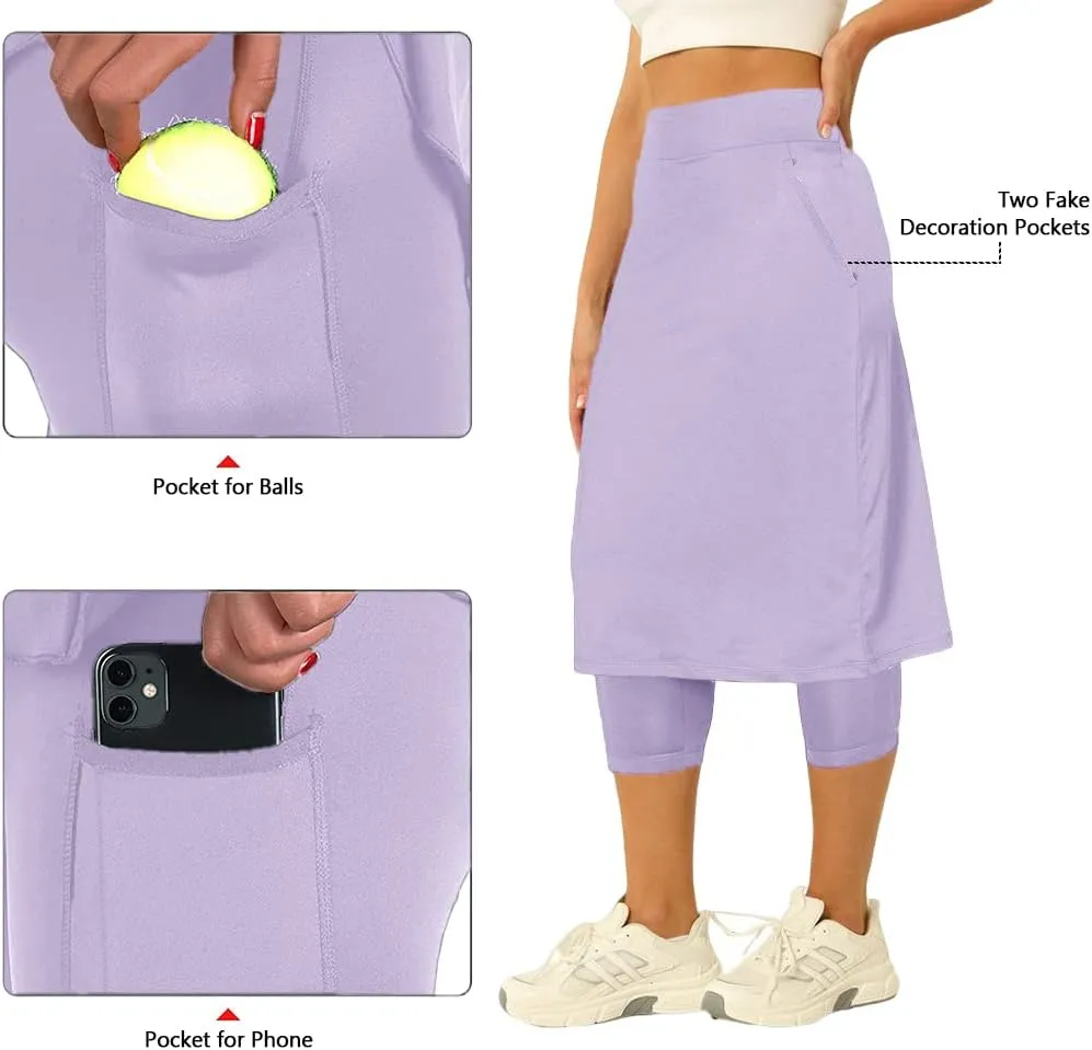 Aurgelmir Womens Tennis Skirt with Capris Leggings Golf Knee Length Skorts Athletic Long Skirts for Women with Pockets