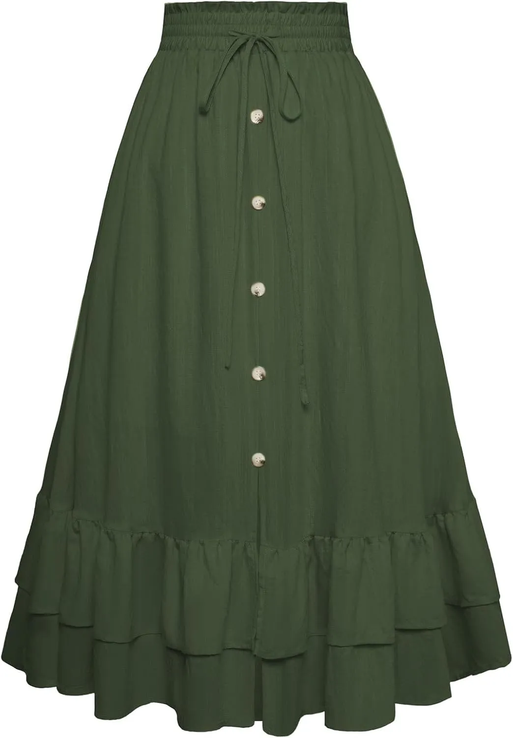 Belle Poque Women's Vintage Midi Skirts Elastic High Waist Button Slit Ruffle Tiered A Line Flowy Skirt with Pockets