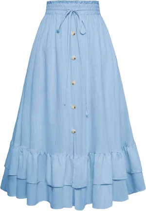 Belle Poque Women's Vintage Midi Skirts Elastic High Waist Button Slit Ruffle Tiered A Line Flowy Skirt with Pockets