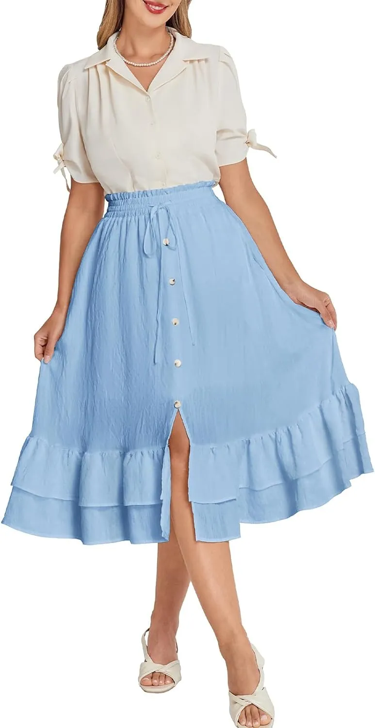 Belle Poque Women's Vintage Midi Skirts Elastic High Waist Button Slit Ruffle Tiered A Line Flowy Skirt with Pockets