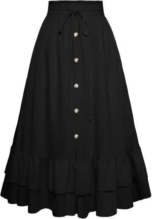 Belle Poque Women's Vintage Midi Skirts Elastic High Waist Button Slit Ruffle Tiered A Line Flowy Skirt with Pockets