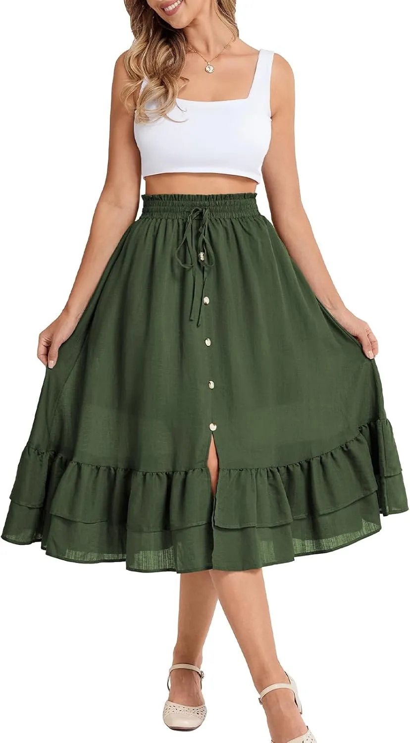 Belle Poque Women's Vintage Midi Skirts Elastic High Waist Button Slit Ruffle Tiered A Line Flowy Skirt with Pockets