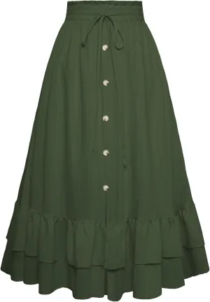 Belle Poque Women's Vintage Midi Skirts Elastic High Waist Button Slit Ruffle Tiered A Line Flowy Skirt with Pockets