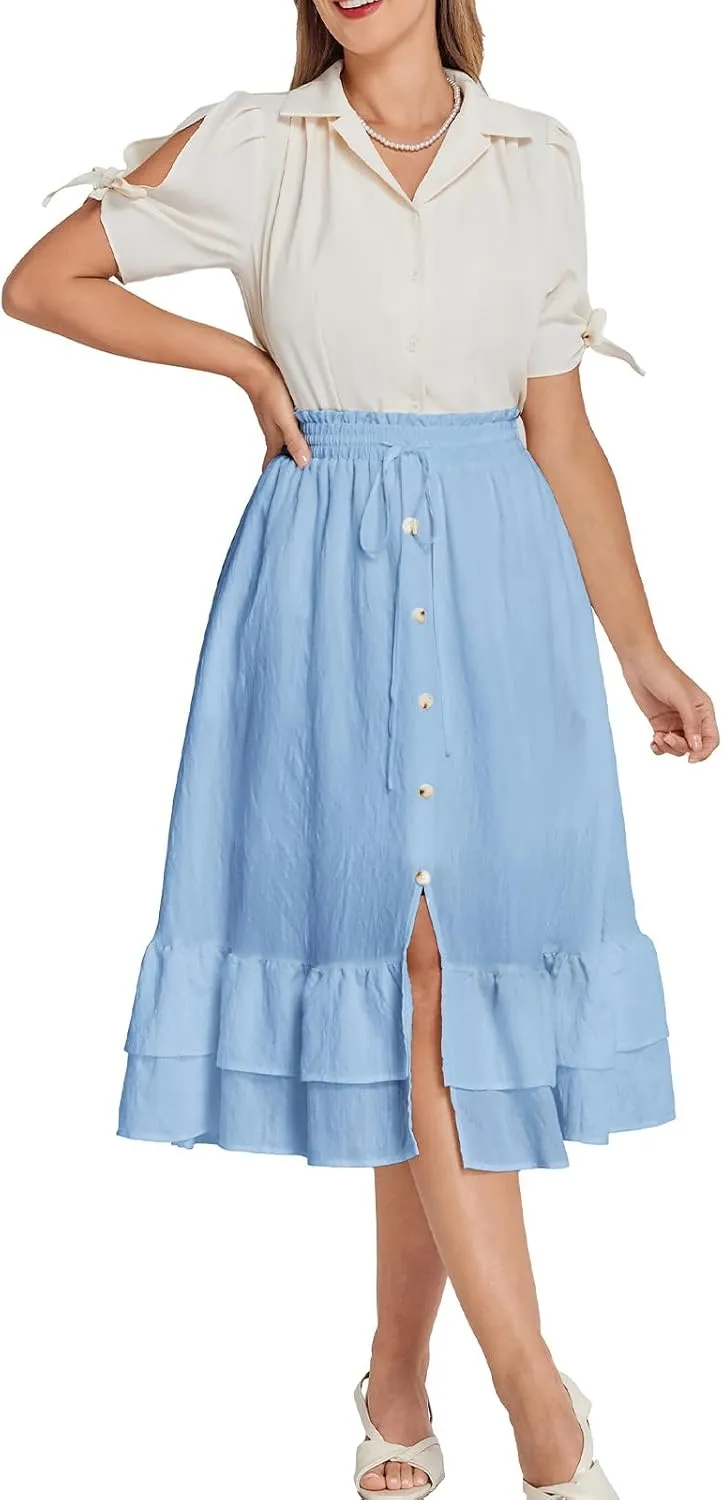 Belle Poque Women's Vintage Midi Skirts Elastic High Waist Button Slit Ruffle Tiered A Line Flowy Skirt with Pockets