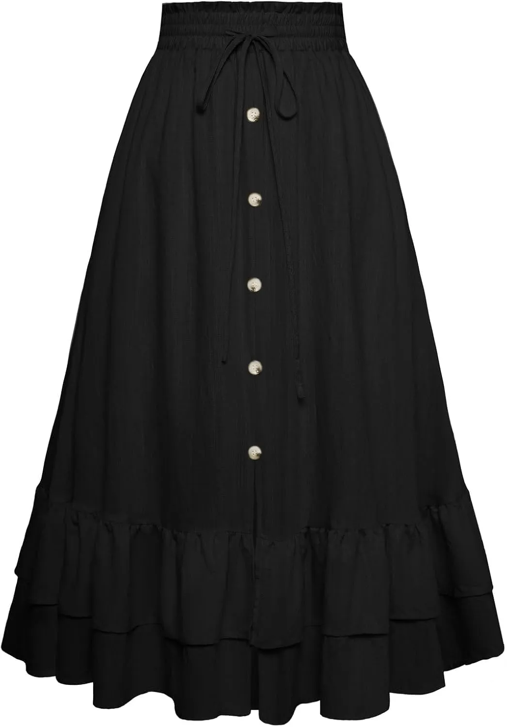 Belle Poque Women's Vintage Midi Skirts Elastic High Waist Button Slit Ruffle Tiered A Line Flowy Skirt with Pockets