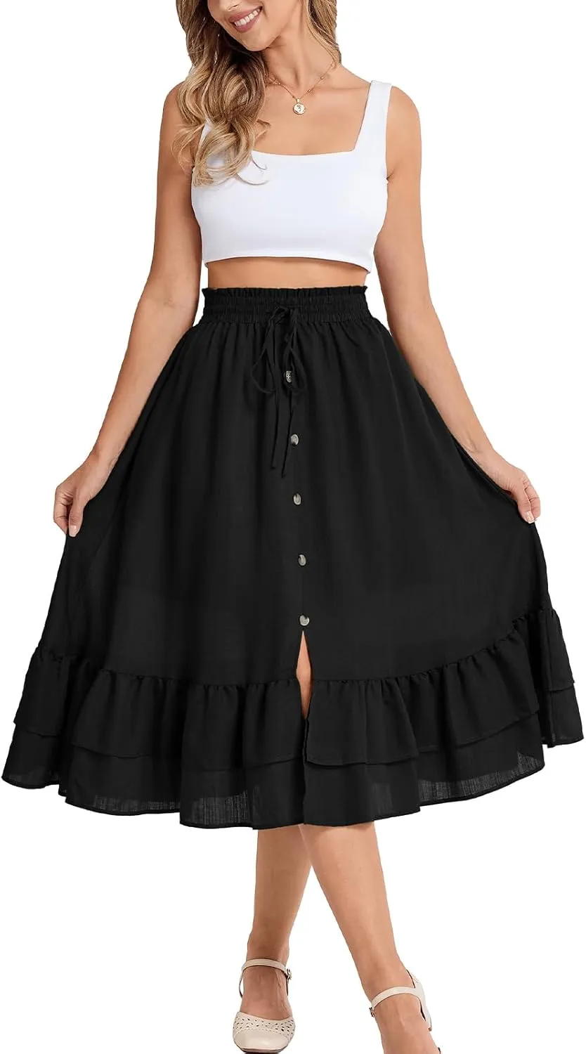 Belle Poque Women's Vintage Midi Skirts Elastic High Waist Button Slit Ruffle Tiered A Line Flowy Skirt with Pockets