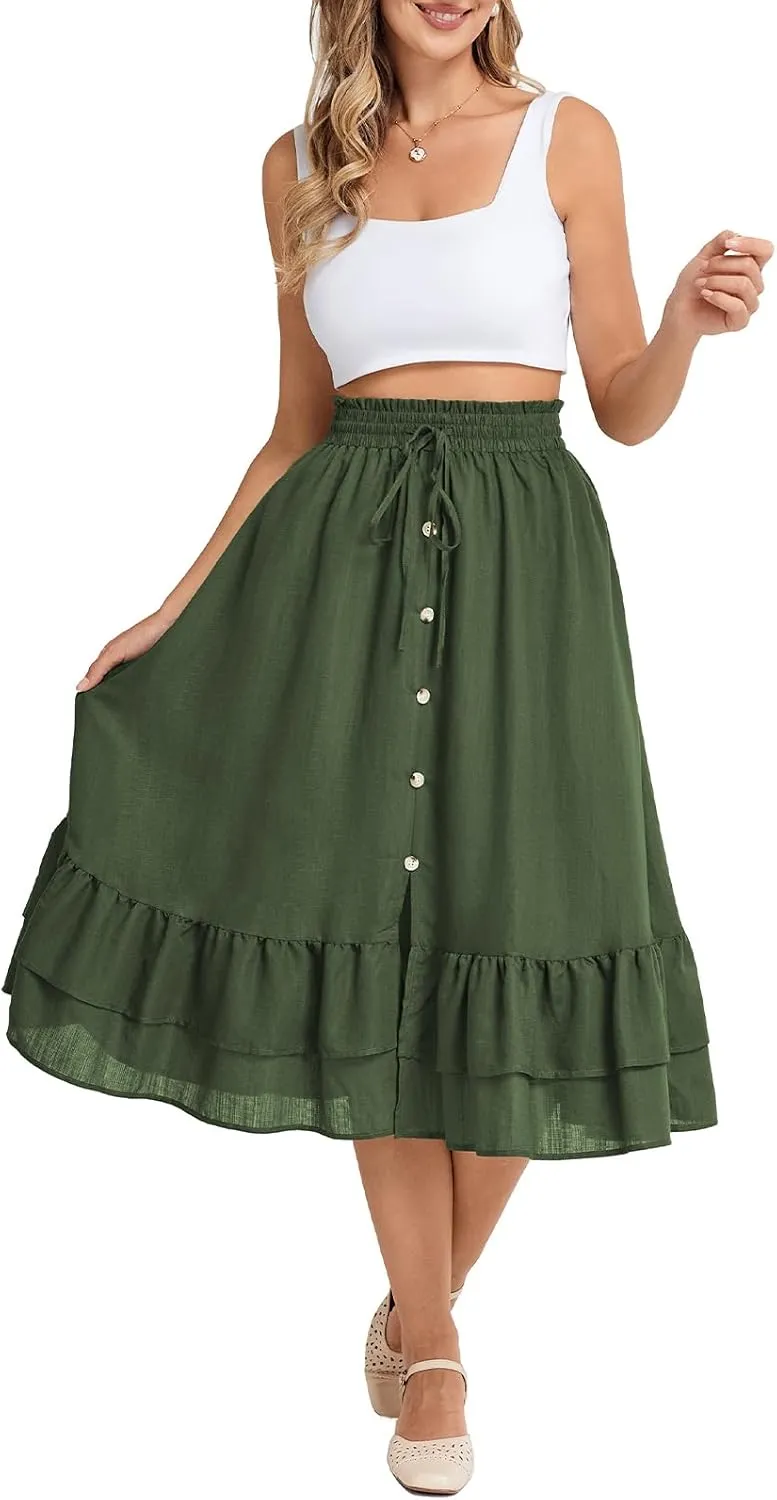 Belle Poque Women's Vintage Midi Skirts Elastic High Waist Button Slit Ruffle Tiered A Line Flowy Skirt with Pockets
