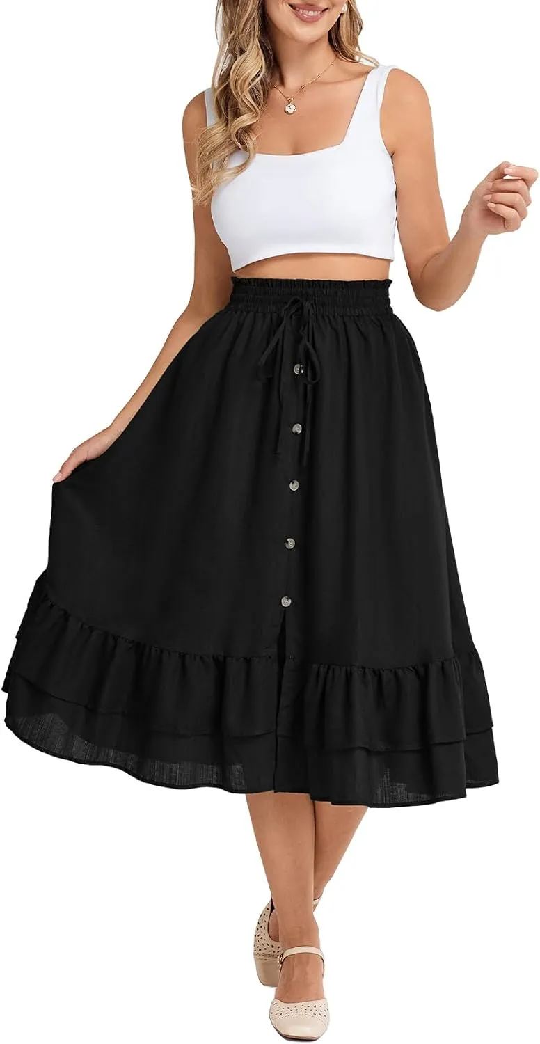 Belle Poque Women's Vintage Midi Skirts Elastic High Waist Button Slit Ruffle Tiered A Line Flowy Skirt with Pockets