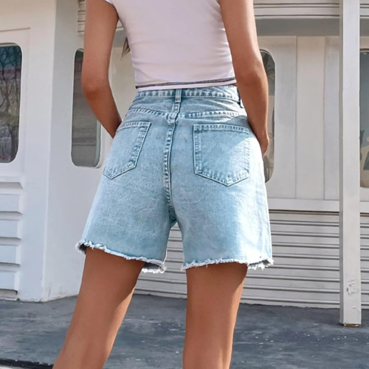 Bermuda Jean Shorts for Women High Waisted Trendy Stretchy Long Denim Shorts Straight Leg Cutoff Casual Pants w/Pocket