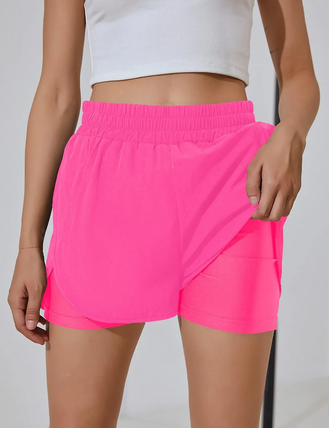 BMJL Women's Running Workout Shorts Elastic High Waist Pocket Short