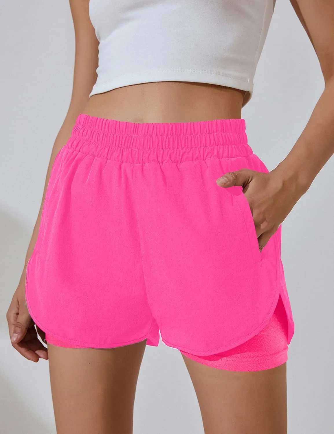 BMJL Women's Running Workout Shorts Elastic High Waist Pocket Short