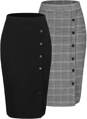 Byinns Pencil Skirts for Women Elastic High Waist Button Slit Work Skirts Stretchy Plaid Bodycon Midi Skirt