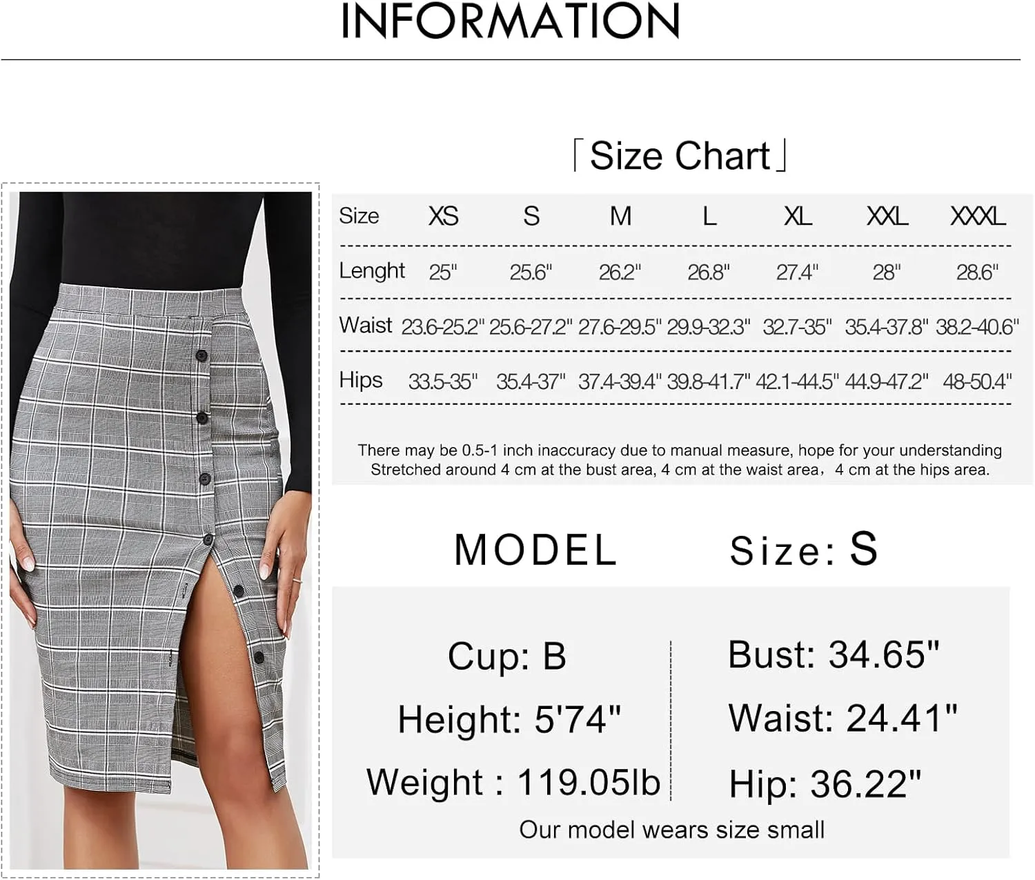 Byinns Pencil Skirts for Women Elastic High Waist Button Slit Work Skirts Stretchy Plaid Bodycon Midi Skirt