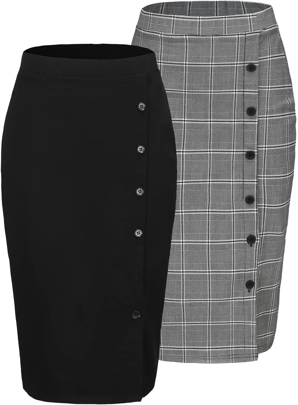 Byinns Pencil Skirts for Women Elastic High Waist Button Slit Work Skirts Stretchy Plaid Bodycon Midi Skirt