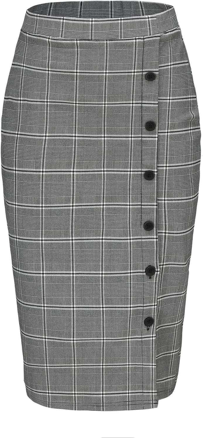 Byinns Pencil Skirts for Women Elastic High Waist Button Slit Work Skirts Stretchy Plaid Bodycon Midi Skirt