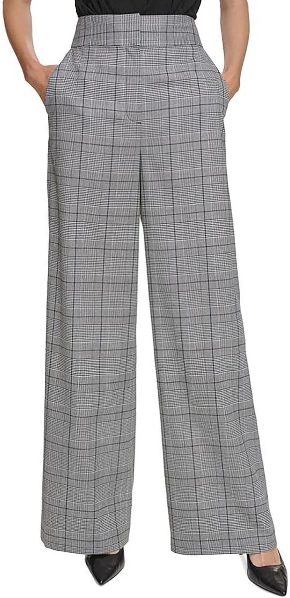 Calvin Klein Womens Plaid High Rise Wide Leg Pants B/W 8