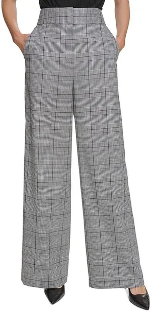 Calvin Klein Womens Plaid High Rise Wide Leg Pants B/W 8