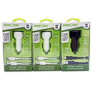 Car Charger Dual USB Ports with USB to USB-C Charging Cable Set 2.4 Amp - 3 Pieces Per Pack 24626