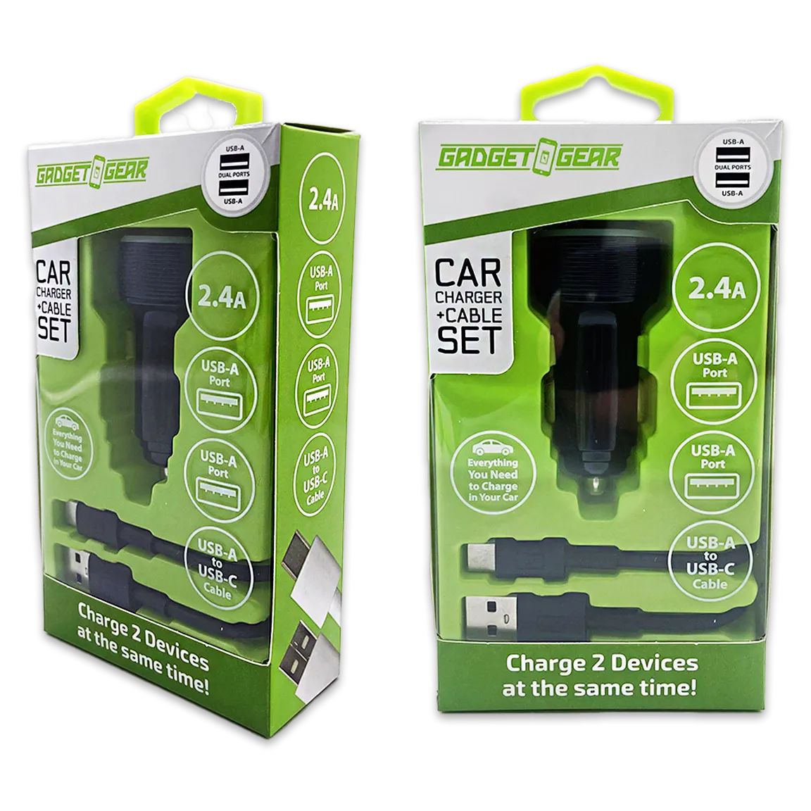 Car Charger Dual USB Ports with USB to USB-C Charging Cable Set 2.4 Amp - 3 Pieces Per Pack 24626