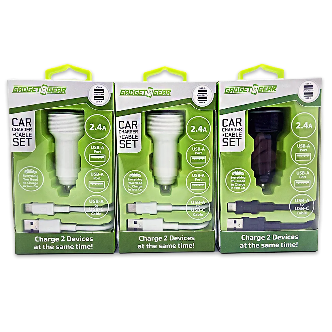 Car Charger Dual USB Ports with USB to USB-C Charging Cable Set 2.4 Amp - 3 Pieces Per Pack 24626