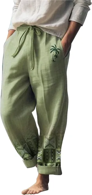 Cotton Linen Pants for Mens Lightweight Drawstring Regular Fit Trousers Casual Summer Breathable Straight Leg Cropped Pants