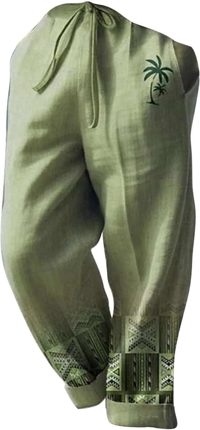 Cotton Linen Pants for Mens Lightweight Drawstring Regular Fit Trousers Casual Summer Breathable Straight Leg Cropped Pants