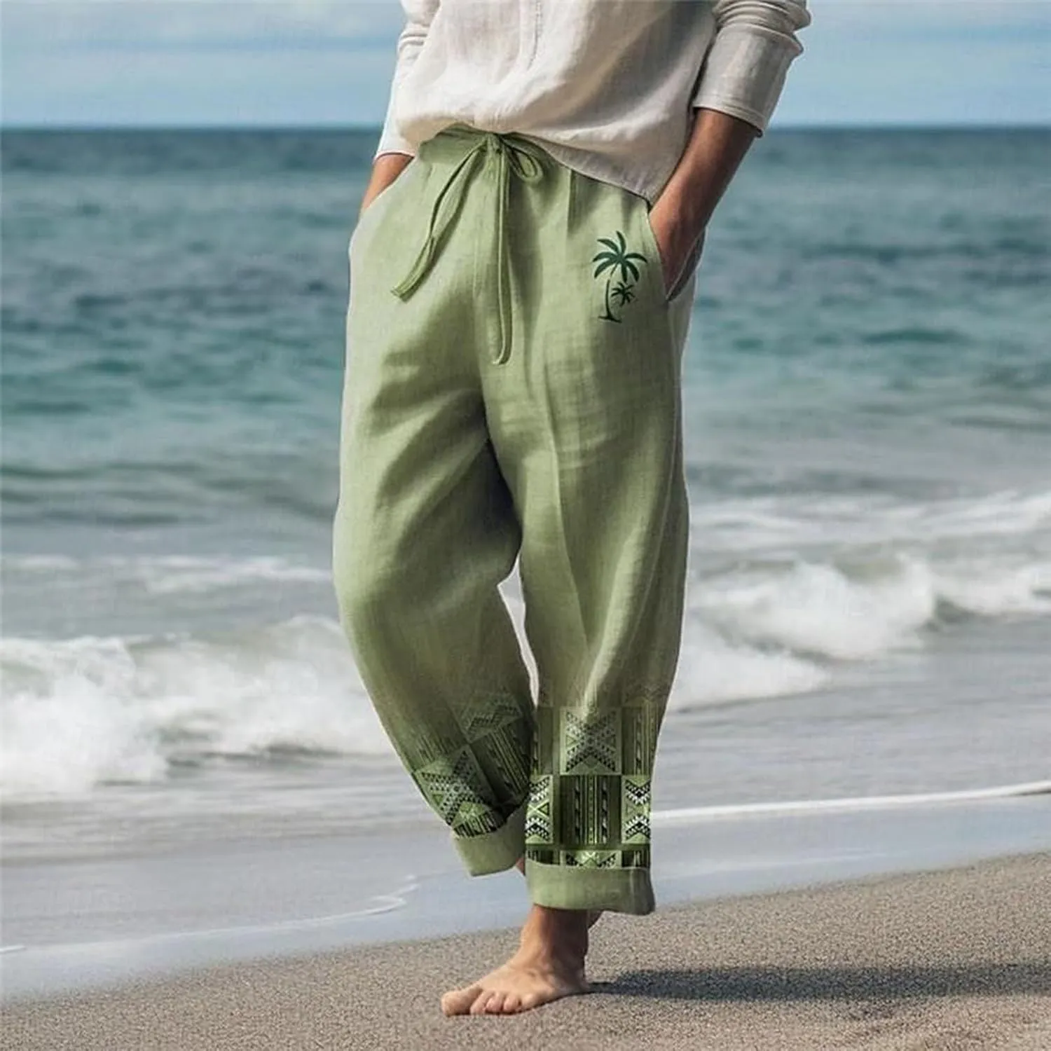 Cotton Linen Pants for Mens Lightweight Drawstring Regular Fit Trousers Casual Summer Breathable Straight Leg Cropped Pants